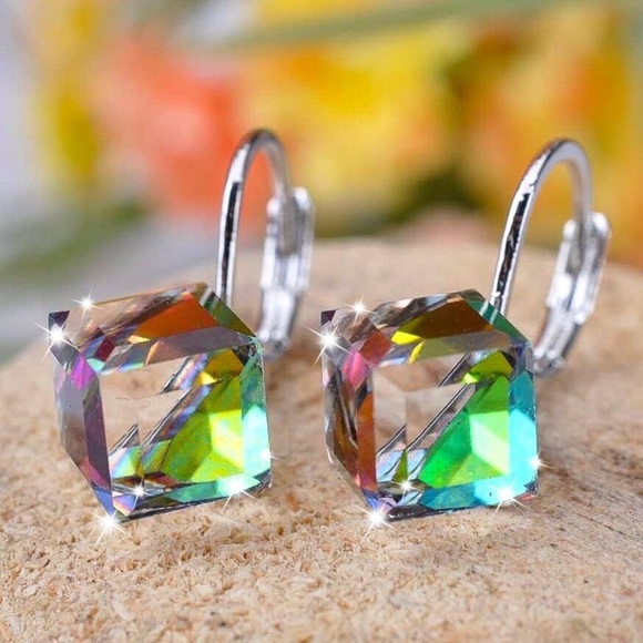 Any 4/$25! Silver Lever Back Multi-Color Crystal Cube Earrings - Picture 2 of 8